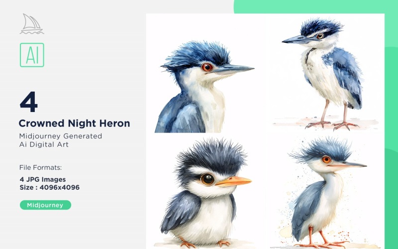 Super Cute Crowned Night Heron Bird Baby Watercolor Handmade illustration Set Illustration