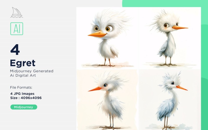 Super Cute Egret Bird Baby Watercolor Handmade illustration Set Illustration