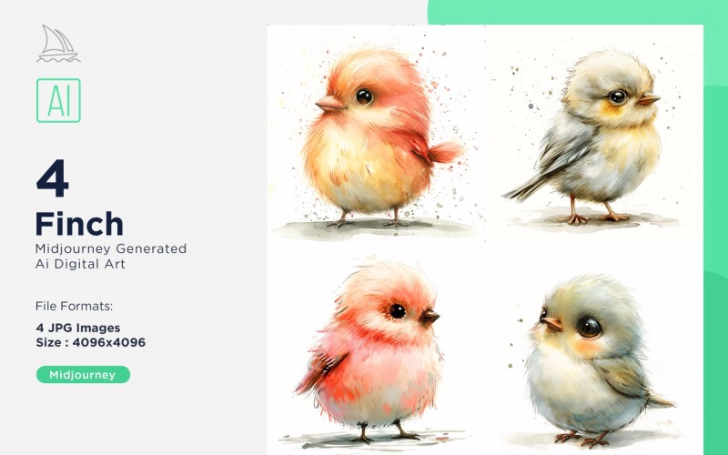 Super Cute Finch Bird Baby Watercolor Handmade illustration Set Illustration