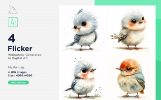 Super Cute Flicker Bird Baby Watercolor Handmade illustration Set