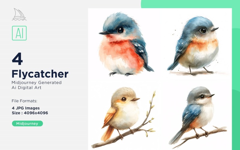 Super Cute Flycatcher Bird Baby Watercolor Handmade illustration Set Illustration