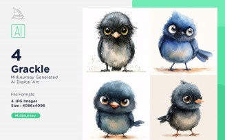 Super Cute Grackle Bird Baby Watercolor Handmade illustration Set
