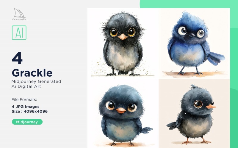 Super Cute Grackle Bird Baby Watercolor Handmade illustration Set Illustration