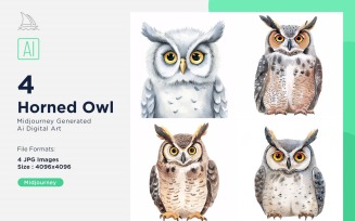 Super Cute Horned Owl Bird Baby Watercolor Handmade illustration Set
