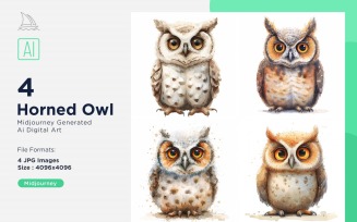 Super Cute Horned Owl Bird Baby Watercolor Handmade illustration Set.