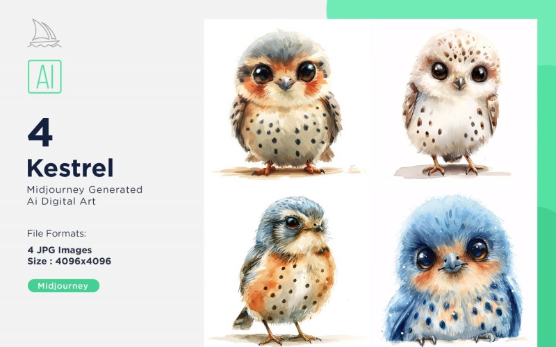 Super Cute Kestrel Bird Baby Watercolor Handmade illustration Set Illustration