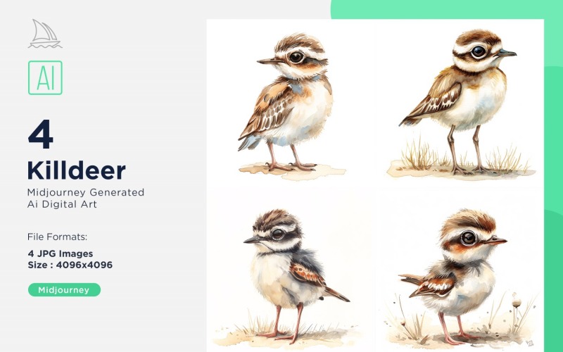 Super Cute Killdeer Bird Baby Watercolor Handmade illustration Set Illustration