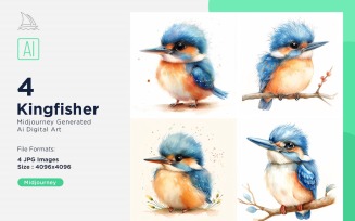 Super Cute Kingfisher Bird Baby Watercolor Handmade illustration Set