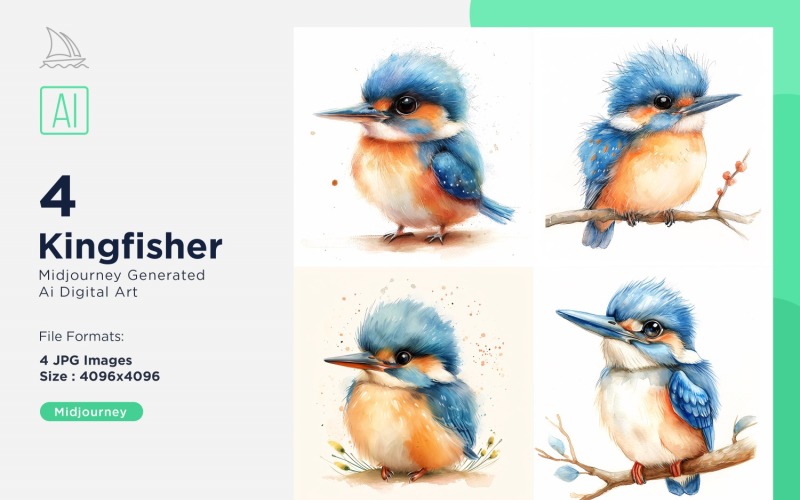 Super Cute Kingfisher Bird Baby Watercolor Handmade illustration Set Illustration