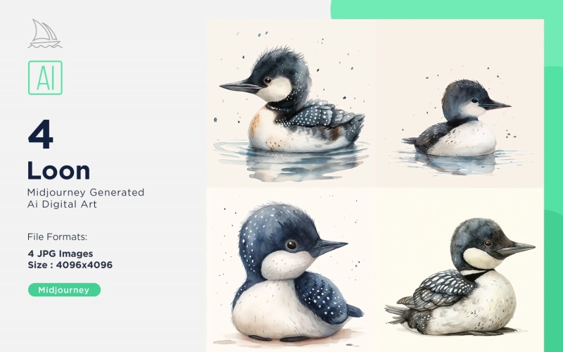 Super Cute Loon Bird Baby Watercolor Handmade illustration Set Illustration