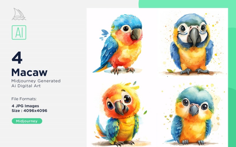 Super Cute Macaw Bird Baby Watercolor Handmade illustration Set Illustration