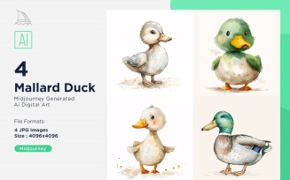 Super Cute Mallard Duck Bird Baby Watercolor Handmade illustration Set