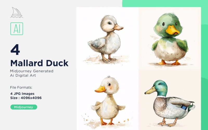 Super Cute Mallard Duck Bird Baby Watercolor Handmade illustration Set Illustration