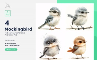 Super Cute Mockingbird Bird Baby Watercolor Handmade illustration Set