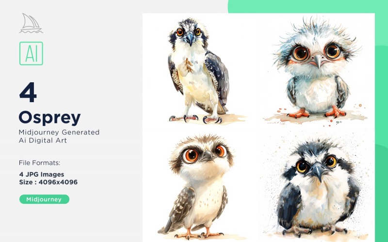 Super Cute Osprey Bird Baby Watercolor Handmade illustration Set Illustration