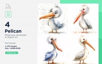Super Cute Pelican Bird Baby Watercolor Handmade illustration Set