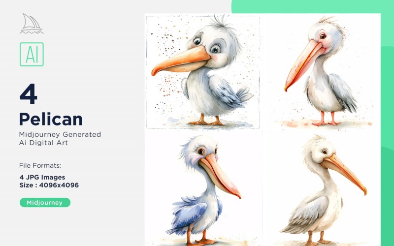 Super Cute Pelican Bird Baby Watercolor Handmade illustration Set Illustration