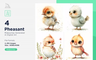 Super Cute Pheasant Bird Baby Watercolor Handmade illustration Set