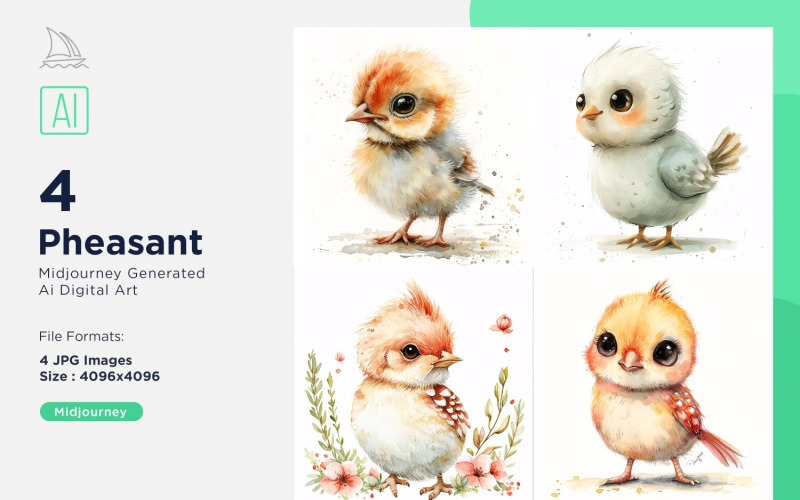 Super Cute Pheasant Bird Baby Watercolor Handmade illustration Set Illustration