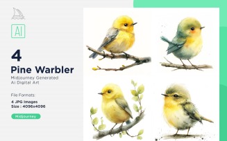 Super Cute Pine Warbler Bird Baby Watercolor Handmade illustration Set