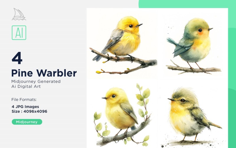 Super Cute Pine Warbler Bird Baby Watercolor Handmade illustration Set Illustration