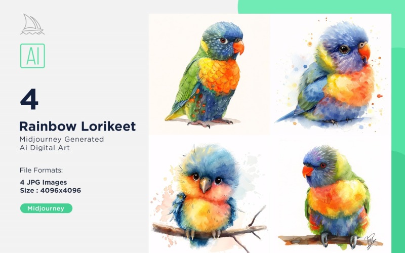 Super Cute Rainbow Lorikeet Bird Baby Watercolor Handmade illustration Set Illustration