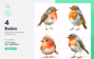 Super Cute Robin Bird Baby Watercolor Handmade illustration Set