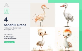 Super Cute Sandhill Crane Bird Baby Watercolor Handmade illustration Set