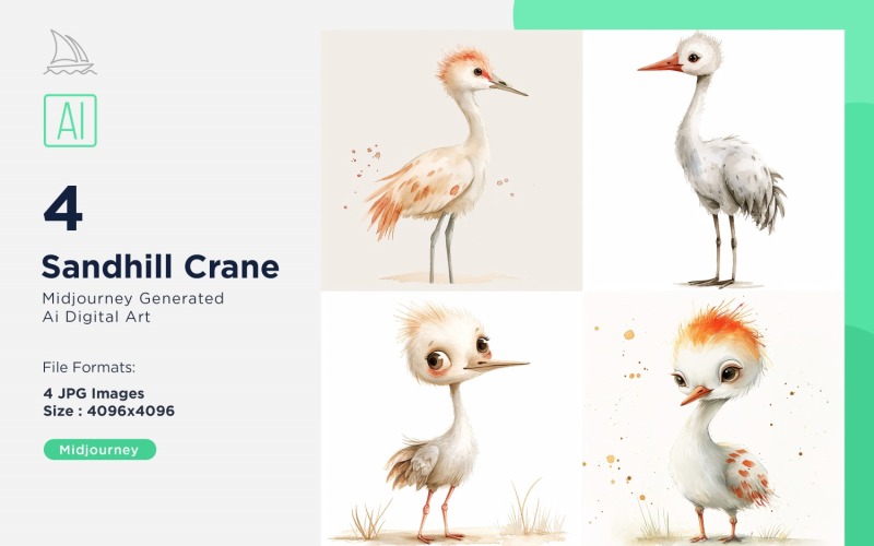 Super Cute Sandhill Crane Bird Baby Watercolor Handmade illustration Set Illustration