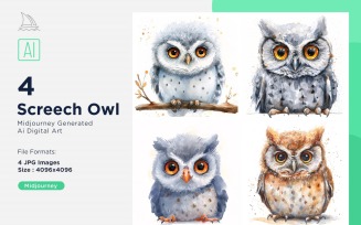 Super Cute Screech Owl Bird Baby Watercolor Handmade illustration Set