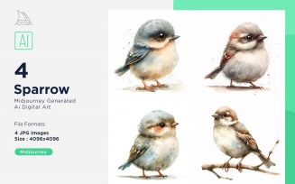 Super Cute Sparrow Bird Baby Watercolor Handmade illustration Set