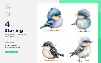 Super Cute Starling Bird Baby Watercolor Handmade illustration Set