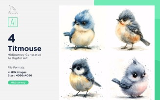 Super Cute Titmouse Bird Baby Watercolor Handmade illustration Set