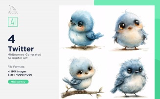 Super Cute Twitter Bird Baby Watercolor Handmade illustration Set