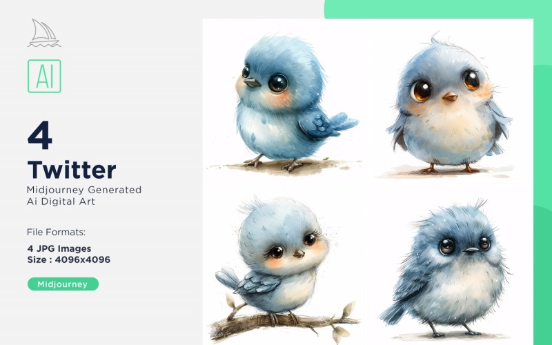 Super Cute Twitter Bird Baby Watercolor Handmade illustration Set Illustration