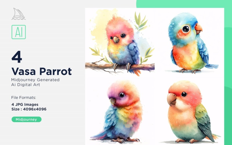 Super Cute Vasa Parrot Bird Baby Watercolor Handmade illustration Set Illustration