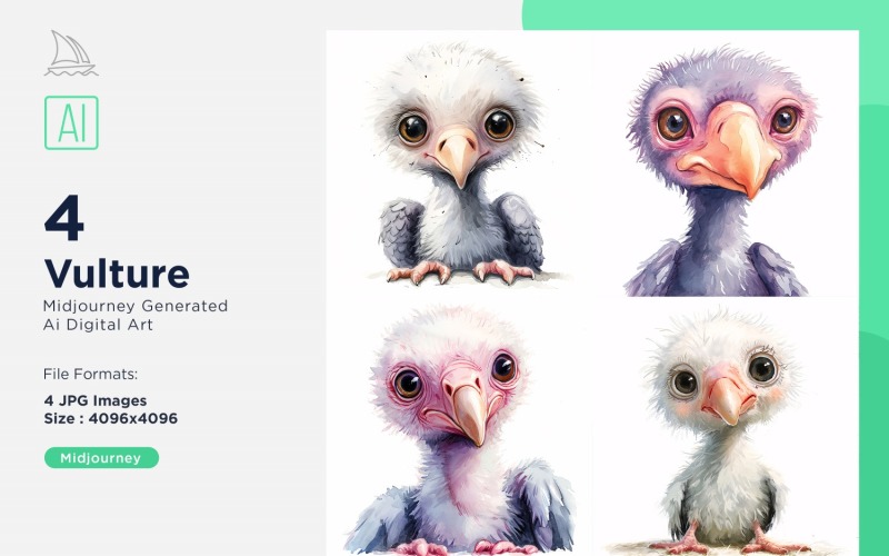 Super Cute Vulture Bird Baby Watercolor Handmade illustration Set Illustration