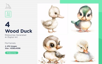 Super Cute Wood Duck Bird Baby Watercolor Handmade illustration Set