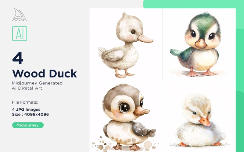 Super Cute Wood Duck Bird Baby Watercolor Handmade illustration Set Illustration