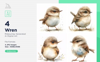 Super Cute Wren Bird Baby Watercolor Handmade illustration Set