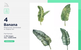 Banana Plant Leaves Watercolor 4 Set