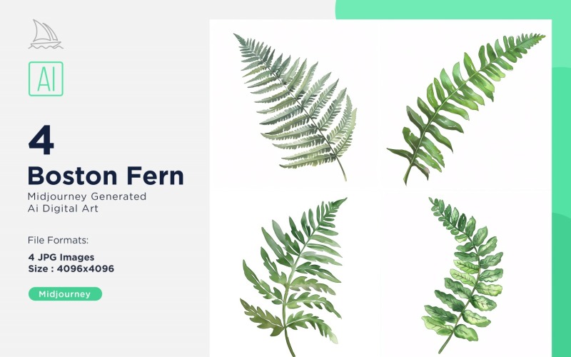 Boston Fern Plant Leaves Watercolor 4 Set Illustration