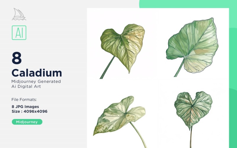 Caladium Plant Leaves Watercolor 8 Set Illustration