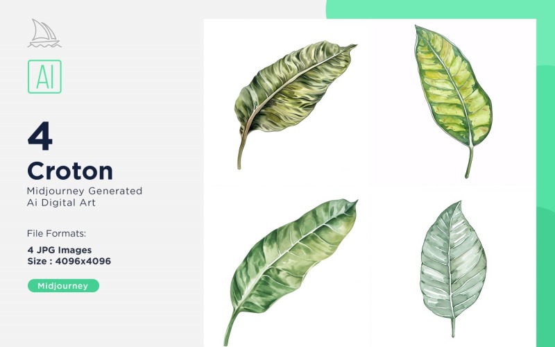 Croton Plant Leaves Watercolor 4 Set Illustration