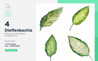 Dieffenbachia Plant Leaves Watercolor 4 Set