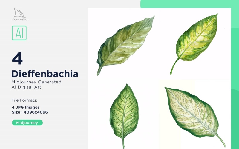 Dieffenbachia Plant Leaves Watercolor 4 Set Illustration