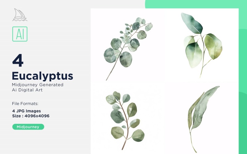 Eucalyptus Plant Leaves Watercolor 4 Set Illustration