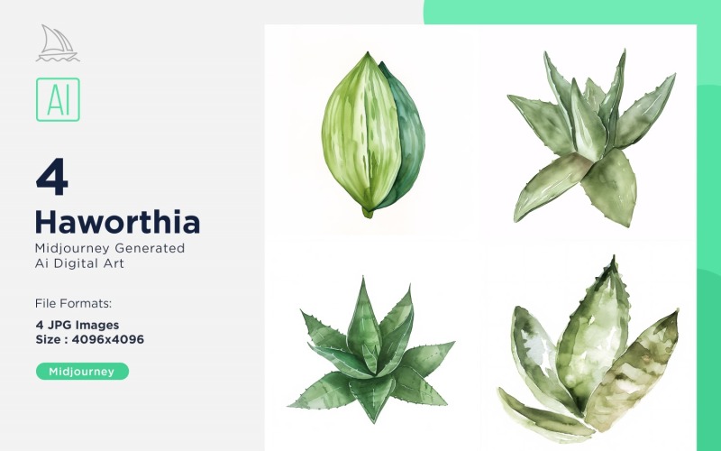 Haworthia Plant Leaves Watercolor 4 Set Illustration