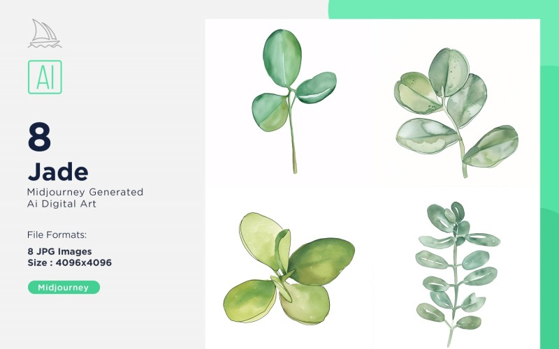 Jade Plant Leaves Watercolor 8 Set Illustration