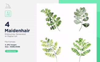 Maidenhair Plant Leaves Watercolor 4 Set